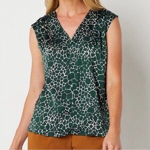 Worthington Dark Green Geometric Sleeveless Blouse Petite Large